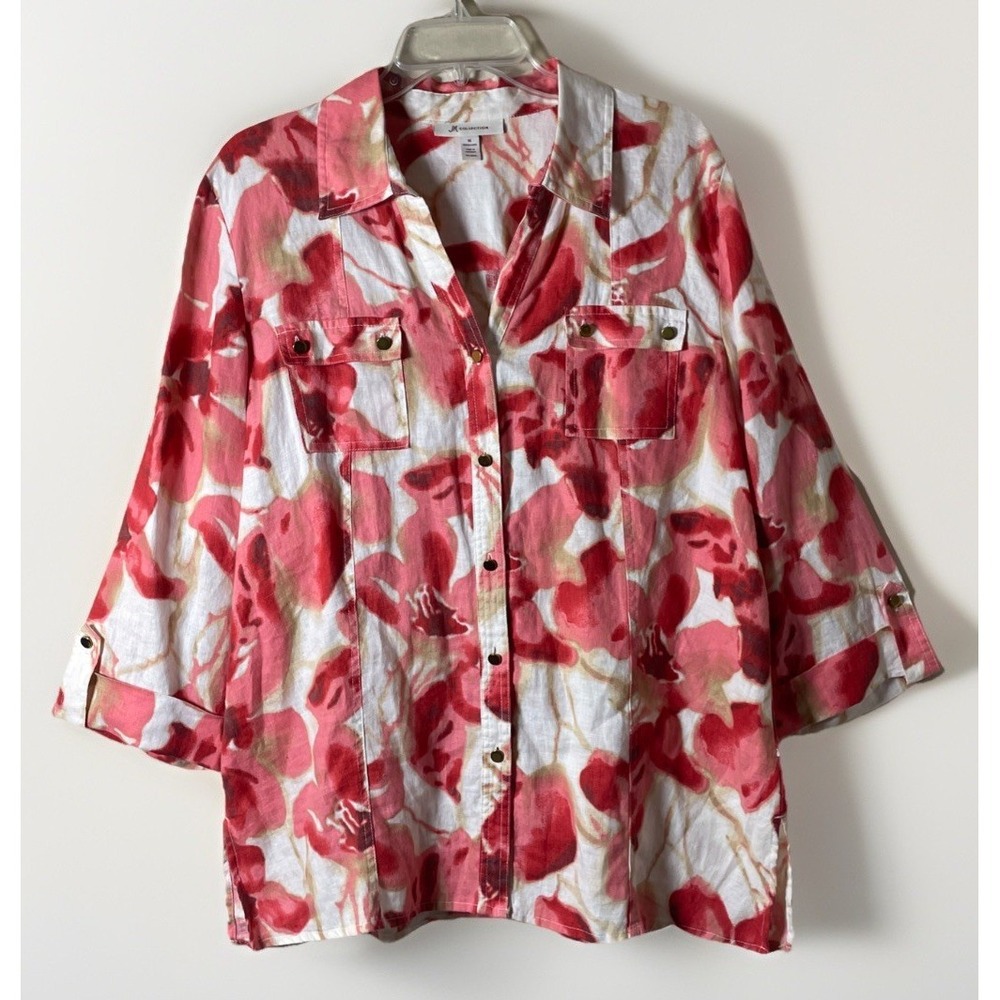 JM Collection Women's Size 16 Shirt  Button Up 3/4 Sleeve Pink Orange 100% Linen